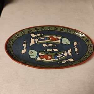 Vintage 70s Handmade Aztec Fish Decorative Plate